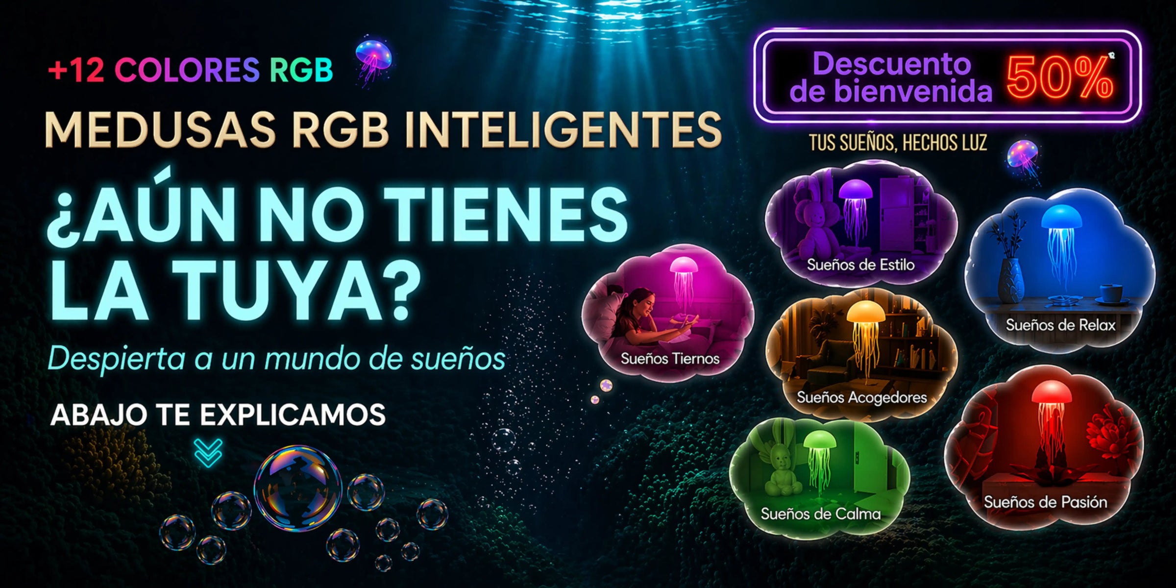 Banner horizontal de LumaJelly™: Medusas inteligentes con más de 12 colores RGB y 50% de descuento. Incluye categorías de ambientes: sueños de estilo, relax, tiernos, acogedores, pasión y calma.