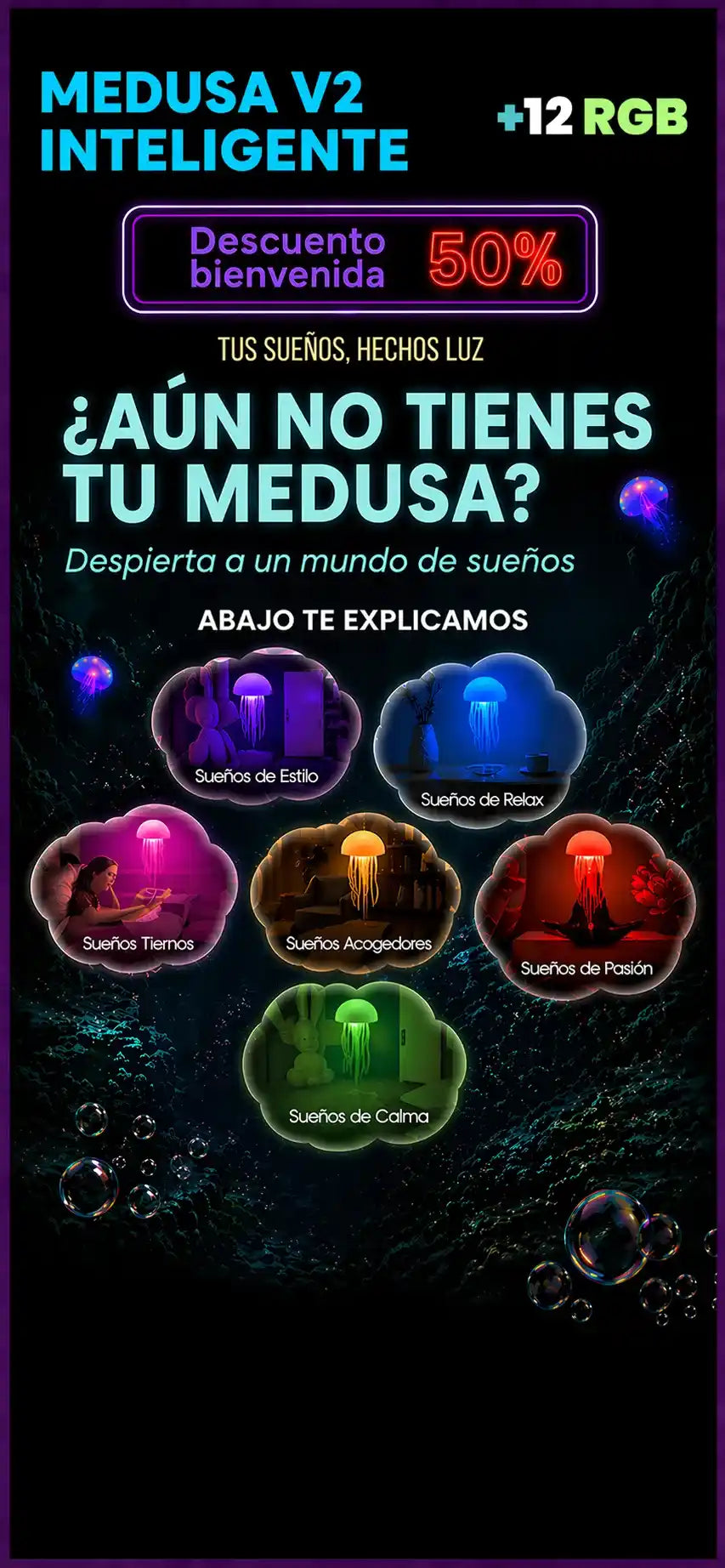 Lámpara de medusas LumaJelly™ encendida con luz azul sobre una mesita de noche en un dormitorio oscuro. Una mano sostiene el control remoto para ajustar la iluminación.