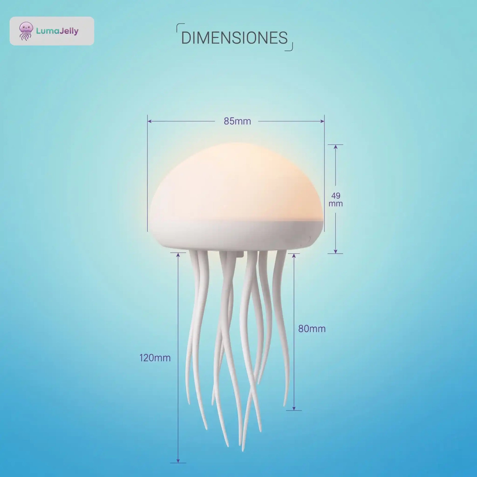 Dimensiones detalladas de la lámpara de medusas LumaJelly™: 85mm de ancho y 120mm de altura total. Infografía con medidas de la cabeza (49mm) y tentáculos (80mm).