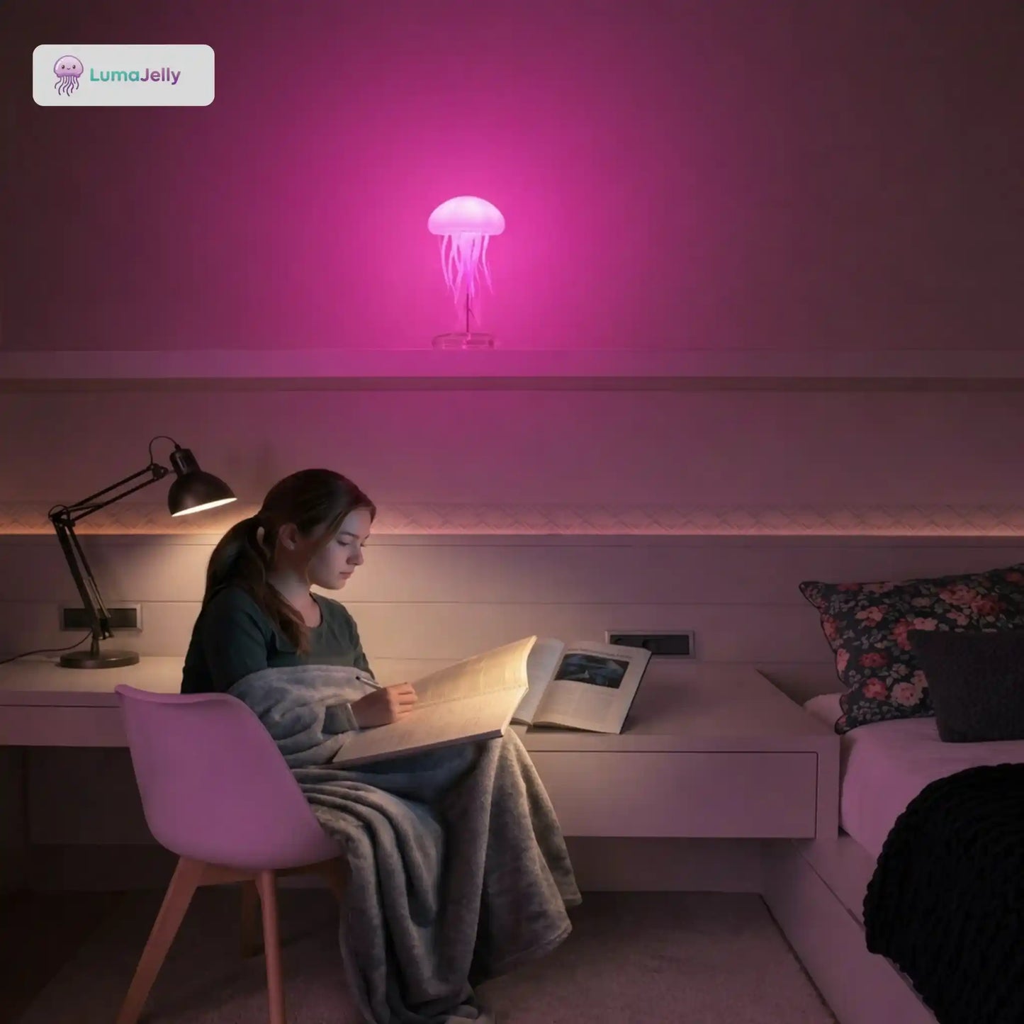 Joven estudiando en su habitación con la luz rosa ambiental de la lámpara de medusas LumaJelly™. Decoración acogedora y relajante para leer.