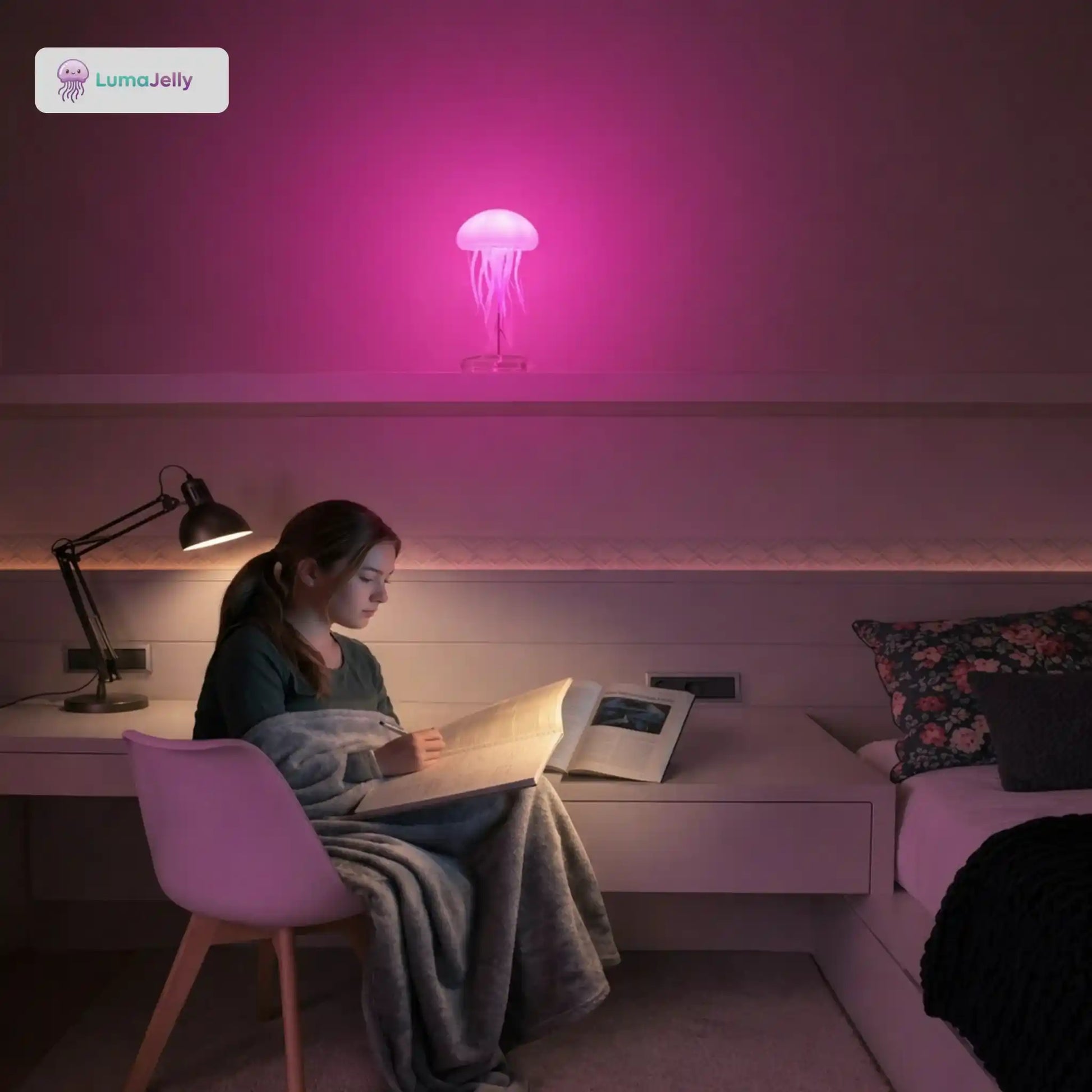 Joven estudiando en su habitación con la luz rosa ambiental de la lámpara de medusas LumaJelly™. Decoración acogedora y relajante para leer.