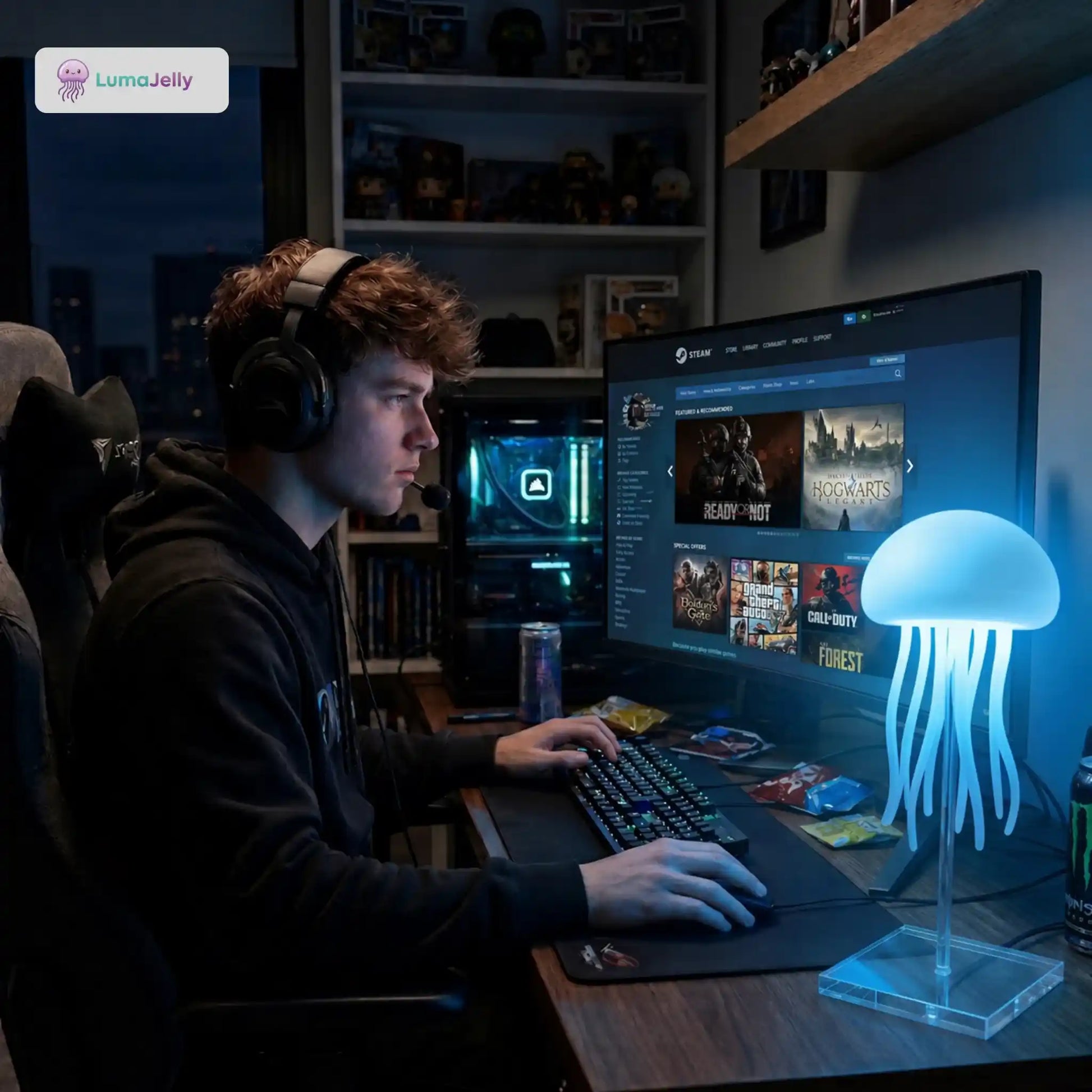 Lámpara de medusas LumaJelly™ en color azul eléctrico integrada en un setup gamer profesional con monitor, auriculares y teclado mecánico.