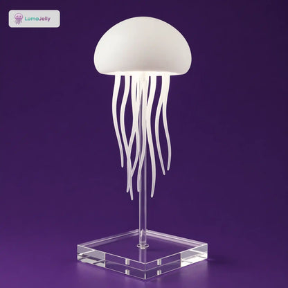 Lámpara de medusas LumaJelly™ con base de pedestal acrílica transparente sobre fondo púrpura. Iluminación LED decorativa de alta calidad.