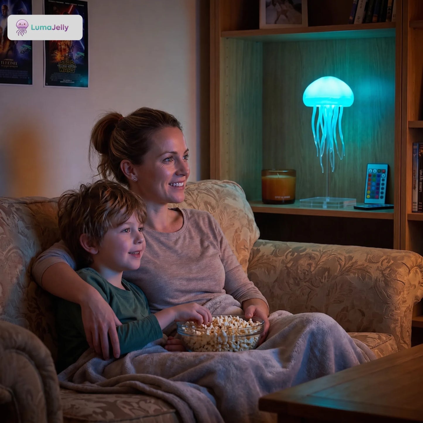 Madre e hijo disfrutando de una película en el sofá con la luz ambiental de la lámpara de medusas LumaJelly™. Decoración cálida y segura para el hogar.